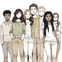 A depiction of a group of 10 teenagers (mixed in terms of gender and ethnicity) in the foreground, dressed in casual and modern clothing