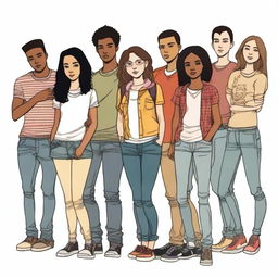 A depiction of a group of 10 teenagers (mixed in terms of gender and ethnicity) in the foreground, dressed in casual and modern clothing