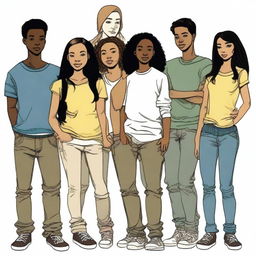 A depiction of a group of 10 teenagers (mixed in terms of gender and ethnicity) in the foreground, dressed in casual and modern clothing