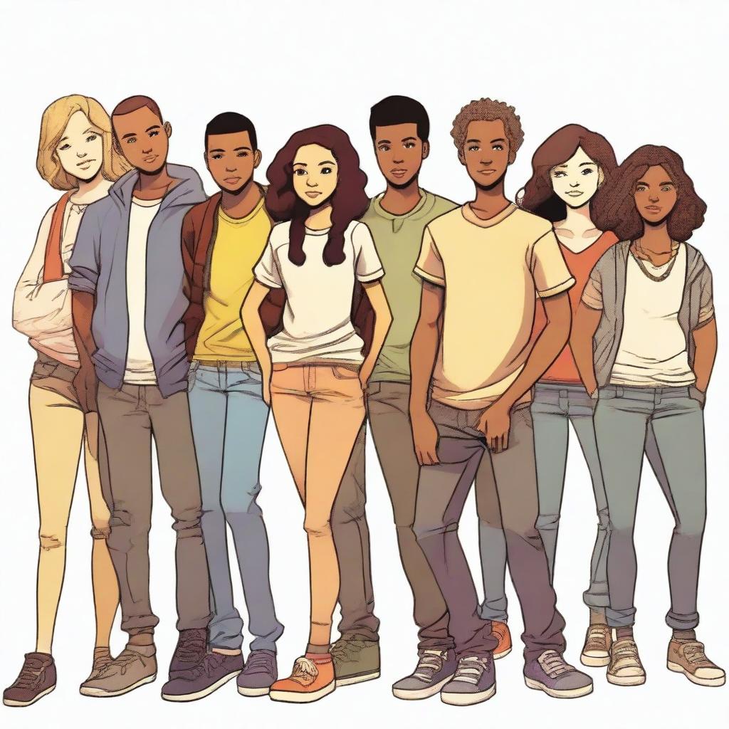 A depiction of a group of 10 teenagers (mixed in terms of gender and ethnicity) in the foreground, dressed in casual and modern clothing