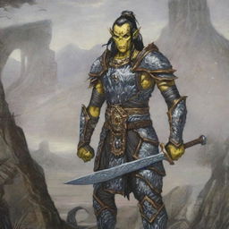 A Githyanki warrior with yellow skin and black hair stands resolute in full plate mail armor