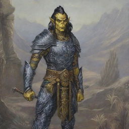 A Githyanki warrior with yellow skin and black hair stands resolute in full plate mail armor