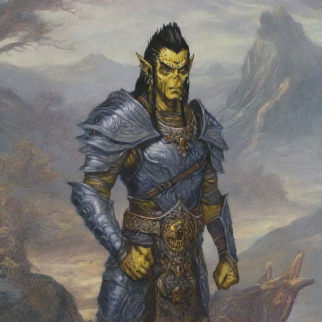 A Githyanki warrior with yellow skin and black hair stands resolute in full plate mail armor