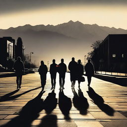 A group of ten shadows on the pavement in the foreground, set in an urban landscape of Cali at sunset with the Andes mountains in the background