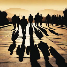 A group of ten shadows on the pavement in the foreground, set in an urban landscape of Cali at sunset with the Andes mountains in the background