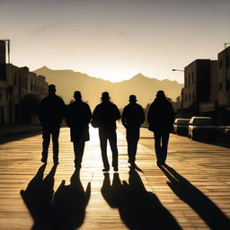 A group of ten shadows on the pavement in the foreground, set in an urban landscape of Cali at sunset with the Andes mountains in the background