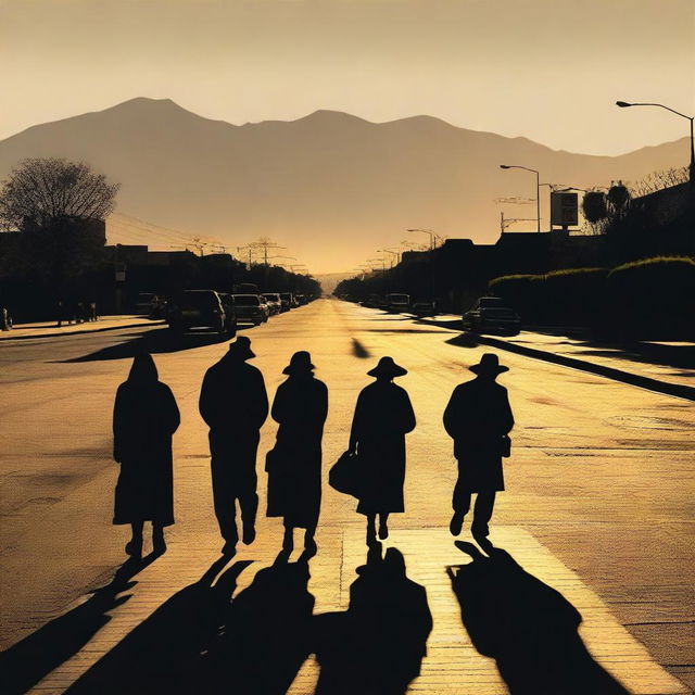 A group of ten shadows on the pavement in the foreground, set in an urban landscape of Cali at sunset with the Andes mountains in the background