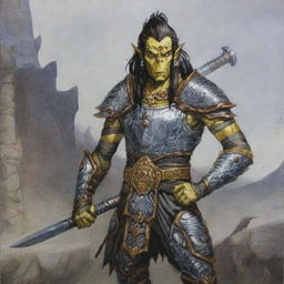 A Githyanki warrior with yellow skin and black hair stands resolute in full plate mail armor