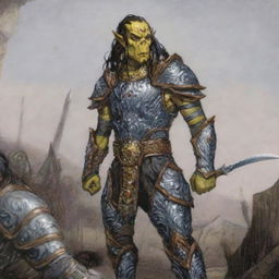 A Githyanki warrior with yellow skin and black hair stands resolute in full plate mail armor