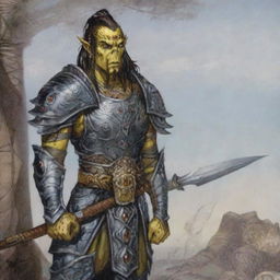 A Githyanki warrior with yellow skin and black hair stands resolute in full plate mail armor