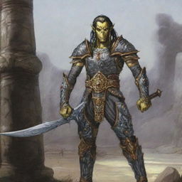 A Githyanki warrior with yellow skin and black hair stands resolute in full plate mail armor