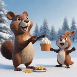 A whimsical, cartoon-style beaver in a lighthearted winter scene, waving invitingly to a cartoon bunny. They're about to enjoy some delicious, steaming poutine on a table amidst the fluffy snow.