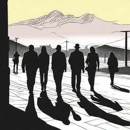 A group of TEN people with shadows on the pavement in the foreground, set in an urban landscape of Cali at sunset with the Andes mountains in the background