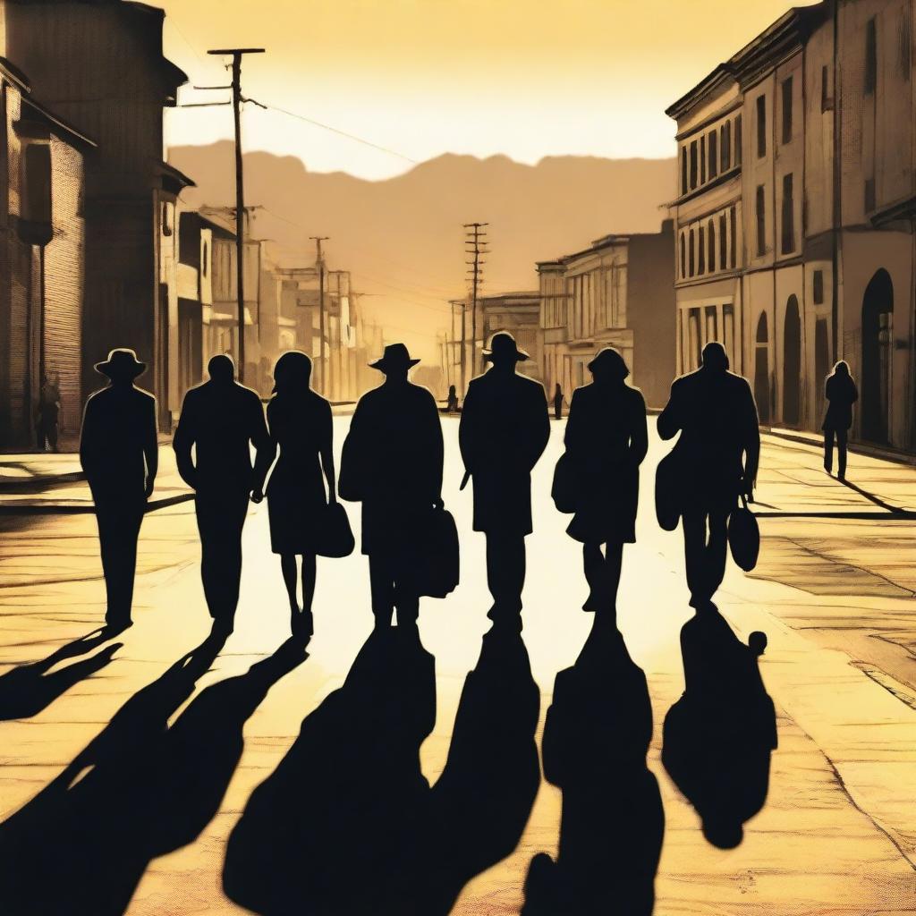 A group of TEN people with shadows on the pavement in the foreground, set in an urban landscape of Cali at sunset with the Andes mountains in the background