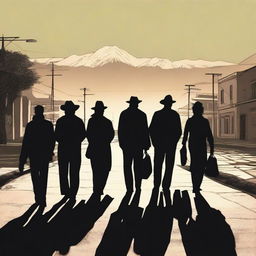 A group of TEN people with shadows on the pavement in the foreground, set in an urban landscape of Cali at sunset with the Andes mountains in the background