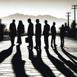 A group of TEN people with shadows on the pavement in the foreground, set in an urban landscape of Cali at sunset with the Andes mountains in the background