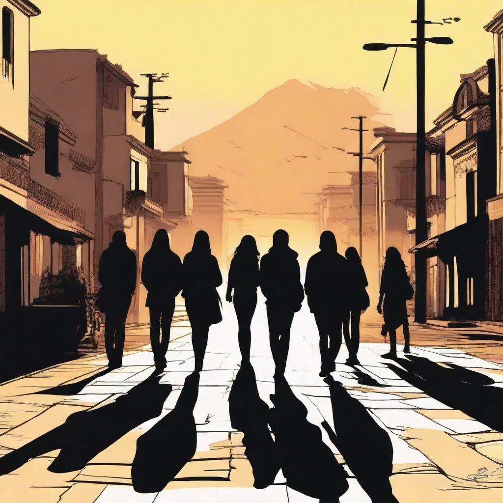 TEN SHADOWS OF YOUNG PEOPLE on the pavement in the foreground, set in an urban landscape of Cali at sunset with the Andes mountains in the background