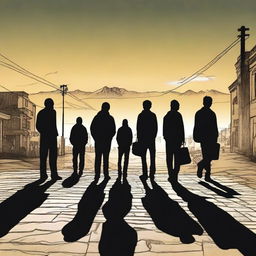 TEN SHADOWS OF YOUNG PEOPLE on the pavement in the foreground, set in an urban landscape of Cali at sunset with the Andes mountains in the background