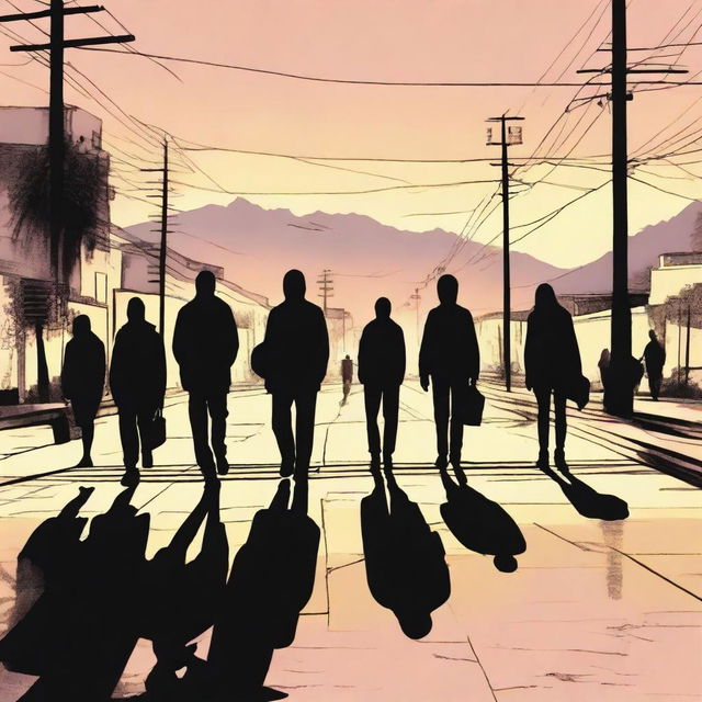 TEN SHADOWS OF YOUNG PEOPLE on the pavement in the foreground, set in an urban landscape of Cali at sunset with the Andes mountains in the background