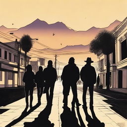 TEN SHADOWS OF YOUNG PEOPLE on the pavement in the foreground, set in an urban landscape of Cali at sunset with the Andes mountains in the background