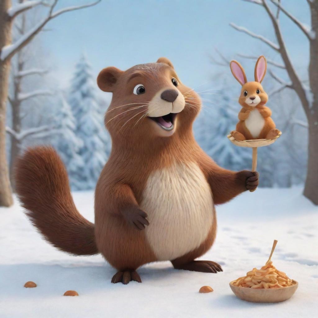 A whimsical, cartoon-style beaver in a lighthearted winter scene, waving invitingly to a cartoon bunny. They're about to enjoy some delicious, steaming poutine on a table amidst the fluffy snow.