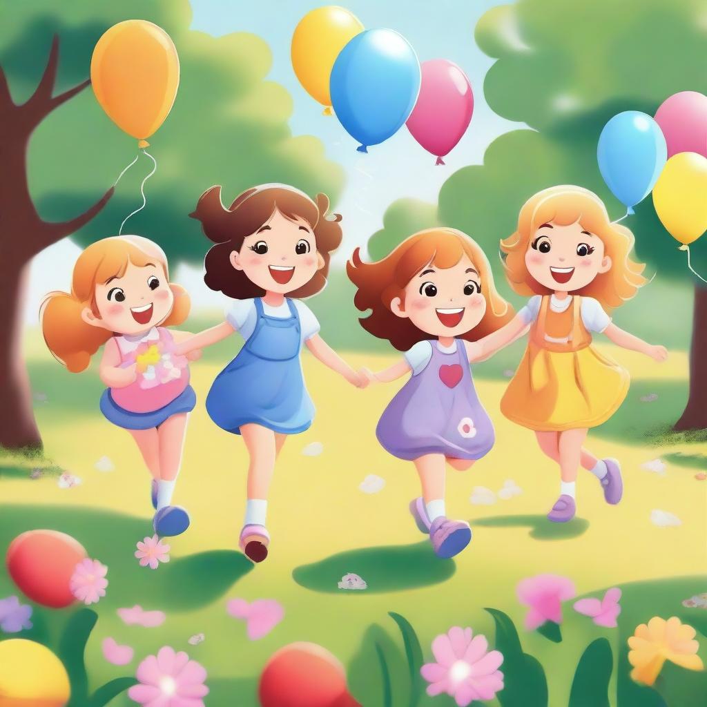 A delightful scene featuring a group of little girls playing in a sunny park, surrounded by trees and flowers