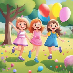 A delightful scene featuring a group of little girls playing in a sunny park, surrounded by trees and flowers