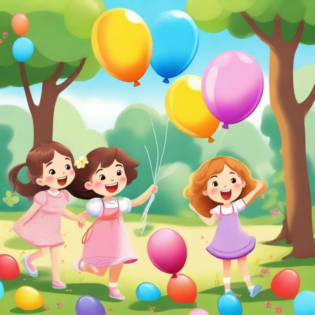 A delightful scene featuring a group of little girls playing in a sunny park, surrounded by trees and flowers