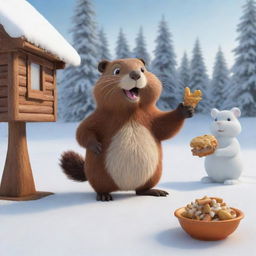 A whimsical, cartoon-style beaver in a lighthearted winter scene, waving invitingly to a cartoon bunny. They're about to enjoy some delicious, steaming poutine on a table amidst the fluffy snow.