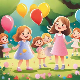 A delightful scene featuring a group of little girls playing in a sunny park, surrounded by trees and flowers