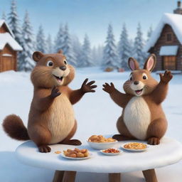 A whimsical, cartoon-style beaver in a lighthearted winter scene, waving invitingly to a cartoon bunny. They're about to enjoy some delicious, steaming poutine on a table amidst the fluffy snow.