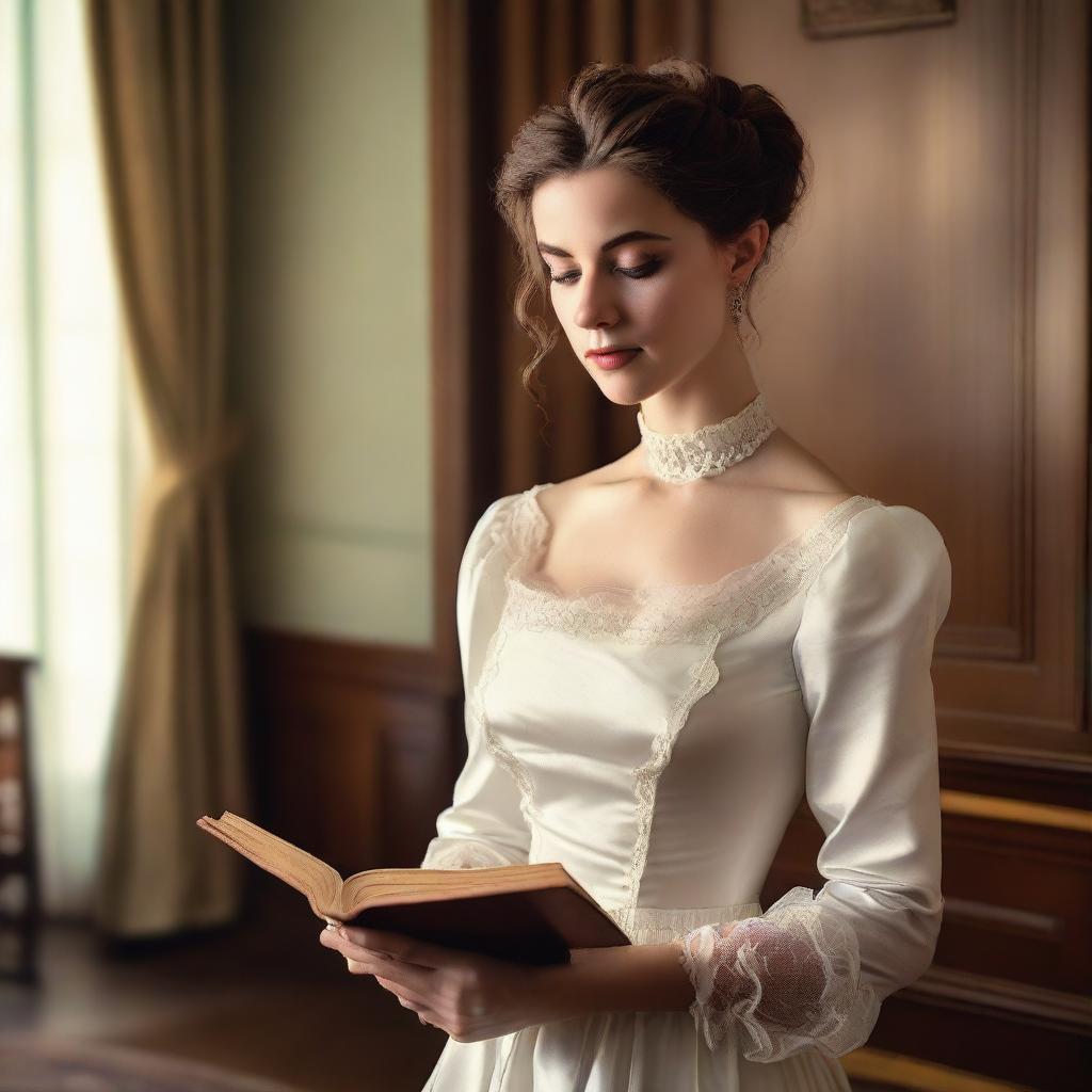 A young woman wearing a Victorian white gown with brunette hair tied in a bun, holding a book in her hand