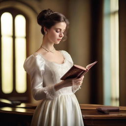 A young woman wearing a Victorian white gown with brunette hair tied in a bun, holding a book in her hand