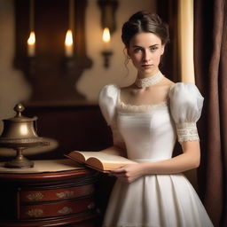 A young woman wearing a Victorian white gown with brunette hair tied in a bun, holding a book in her hand