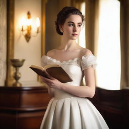 A young woman wearing a Victorian white gown with brunette hair tied in a bun, holding a book in her hand