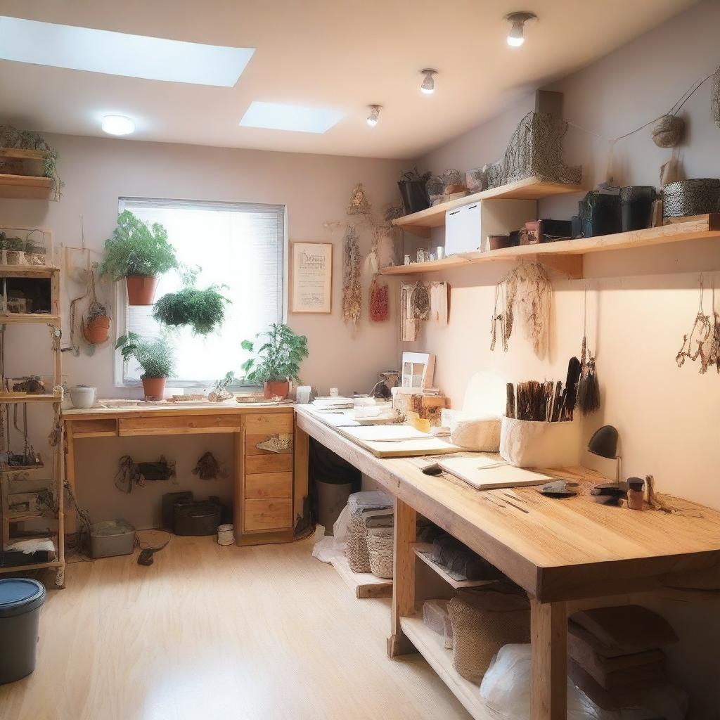 A 9 square meter studio with a desk and jewelry workshop