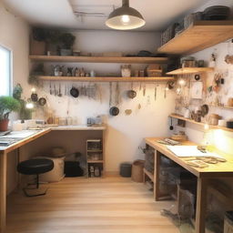 A 9 square meter studio with a desk and jewelry workshop