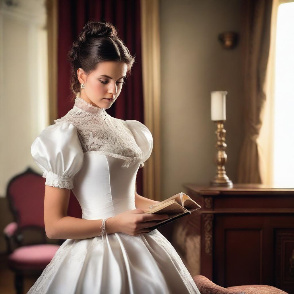 A young woman wearing a Victorian white gown with brunette hair tied in a bun, holding a book in her hand