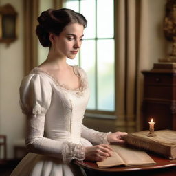 A young woman wearing a Victorian white gown with brunette hair tied in a bun, holding a book in her hand