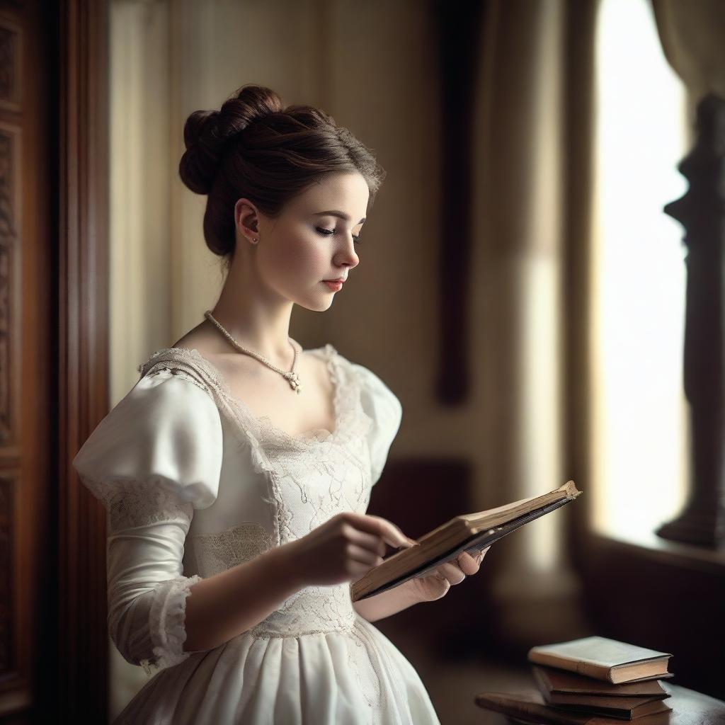 A young woman wearing a Victorian white gown with brunette hair tied in a bun, holding a book in her hand