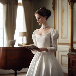 A young woman wearing a Victorian white gown with brunette hair tied in a bun, holding a book in her hand