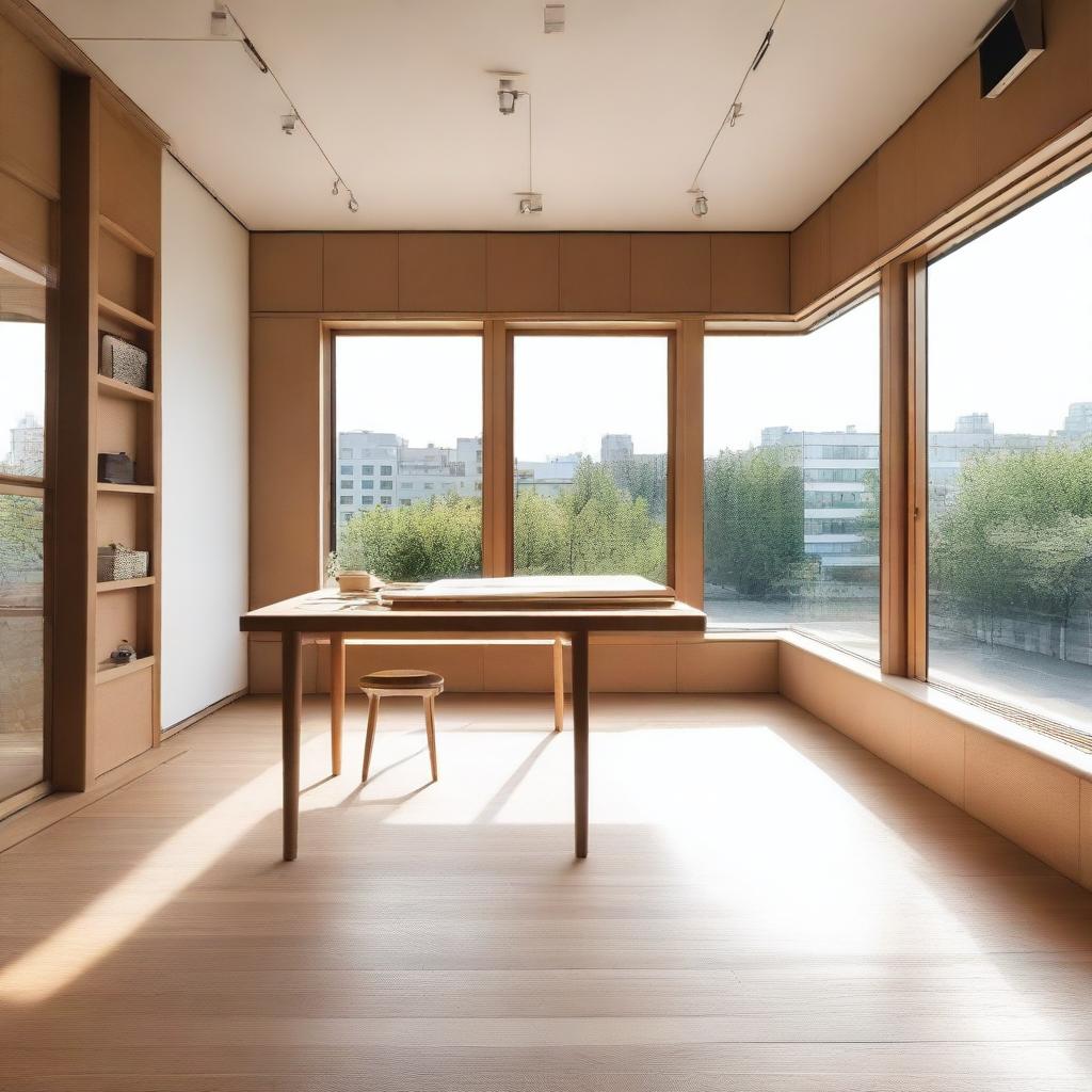 A modern studio with a sleek desk and a jewelry workshop