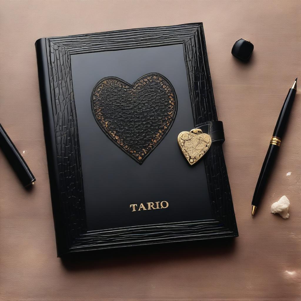 A black diary with a heart shape on the cover, accompanied by a couple of lovely fountain pens on the side