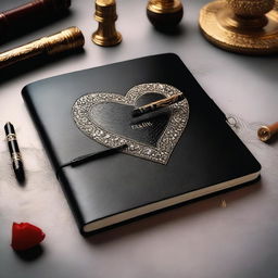 A black diary with a heart shape on the cover, accompanied by a couple of lovely fountain pens on the side