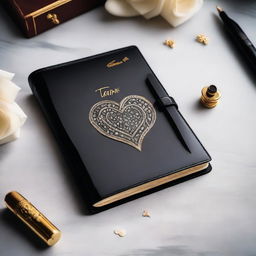 A black diary with a heart shape on the cover, accompanied by a couple of lovely fountain pens on the side