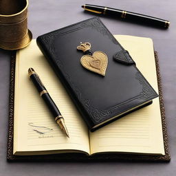 A black diary with a heart shape on the cover, accompanied by a couple of lovely fountain pens on the side