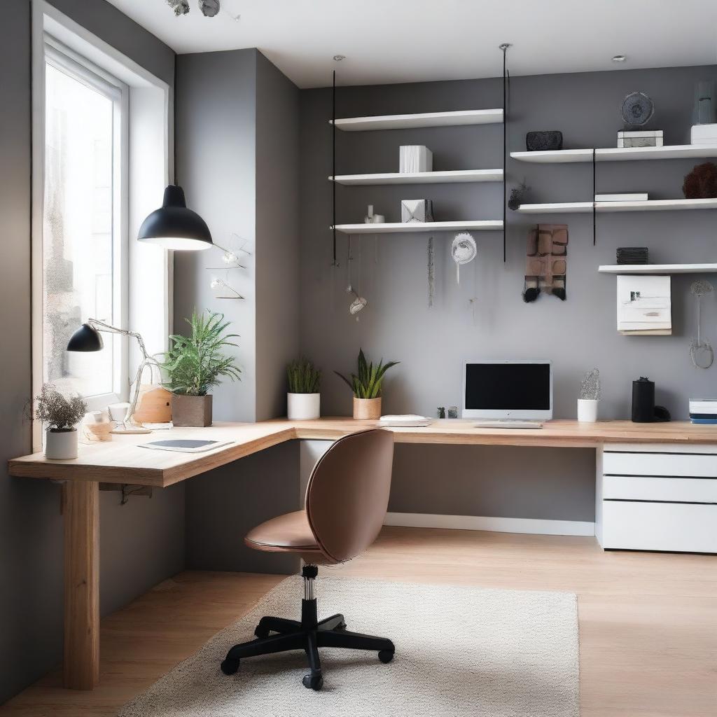 A 12 square meter room with a 4-meter window, featuring a small modern jewelry workshop and a modern office desk