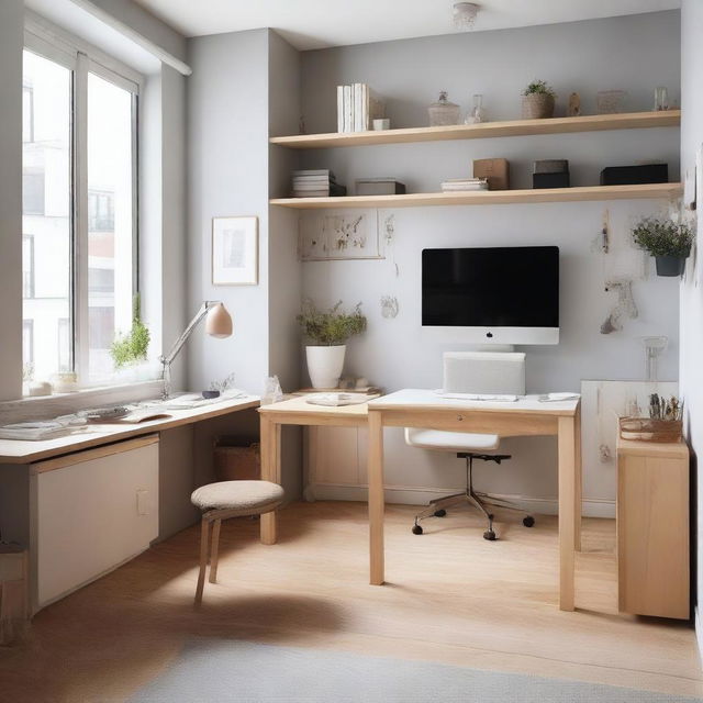 A 12 square meter room with a 4-meter window, featuring a small modern jewelry workshop and a modern office desk