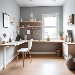 A 12 square meter room with a 4-meter window, featuring a small modern jewelry workshop and a modern office desk