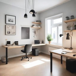 A 12 square meter room with a 4-meter window, featuring a small modern jewelry workshop and a modern office desk